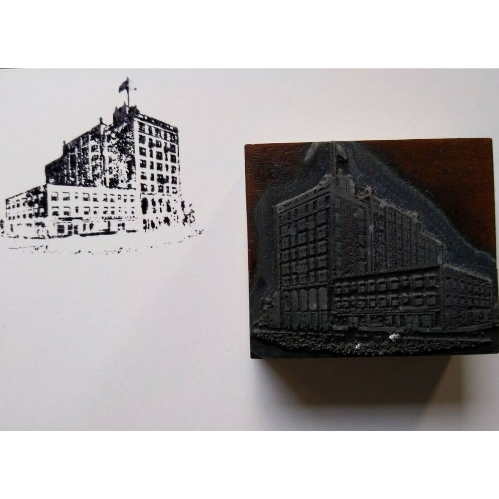 Vintage Metal Wood Old Printers Stamp Plate Building Atlantic City New Jersey